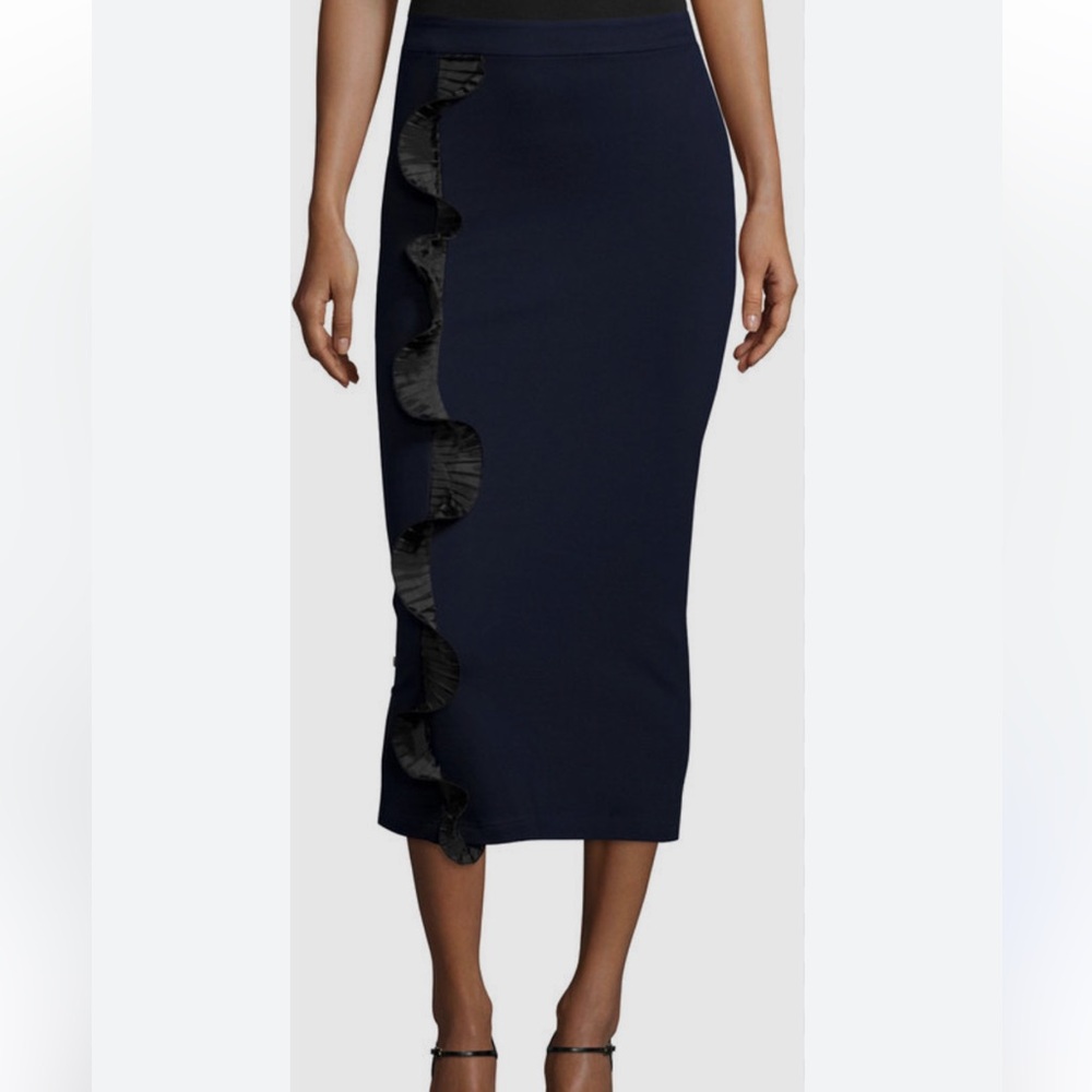 Opening Ceremony Black Pleated Ruffle Navy Knit Pencil Knee Length Skirt XS
